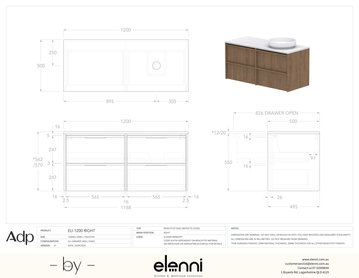 Eli 1200 Wall Hung Right Offset, Elenni specification drawing