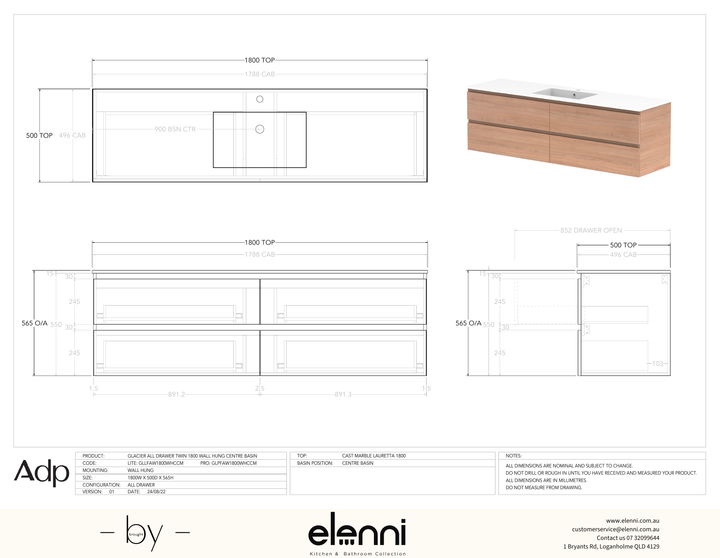 Glacier FD, All Drawer, 1800 Twin WH, Cast Marble Centre Bowl - Elenni specification drawing