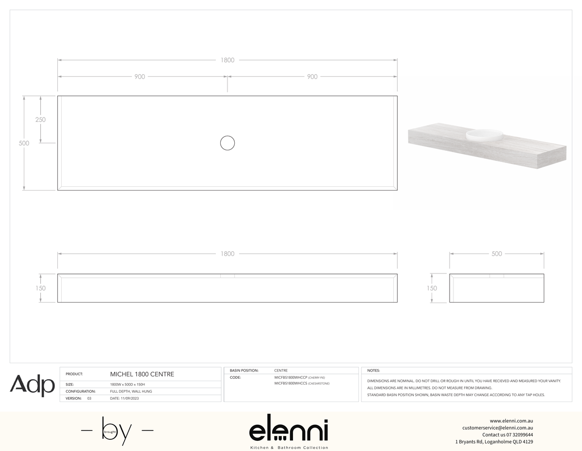 Michel 1800 Centre - Elenni specification drawing