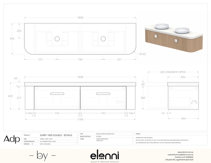 Surry 1800, Royale, Double Bowl, Elenni specification drawing