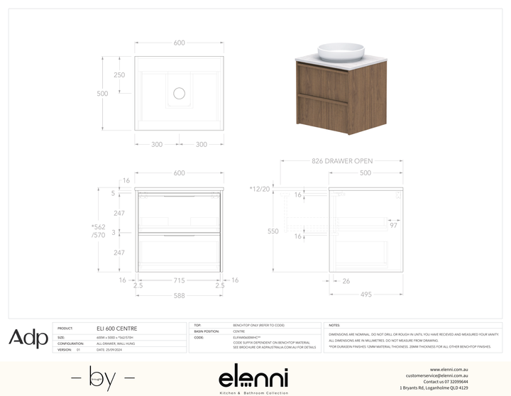 Eli 600 Wall Hung Centre, Elenni specification drawing