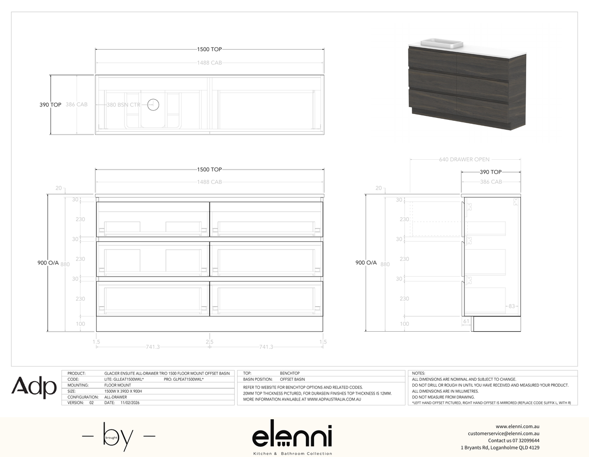 Glacier Ensuite, All-Drawer 1500 Trio FM, Benchtop Offset Bowl - Elenni specification drawing