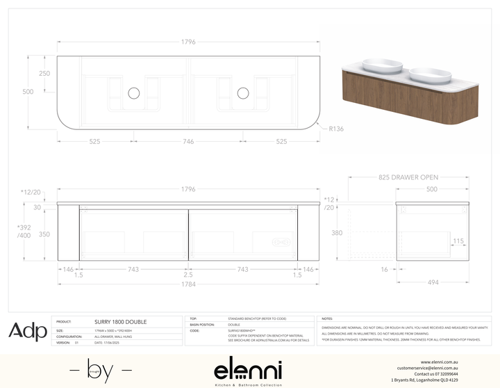 Surry 1800, Benchtop, Double Bowl, Elenni specification drawing