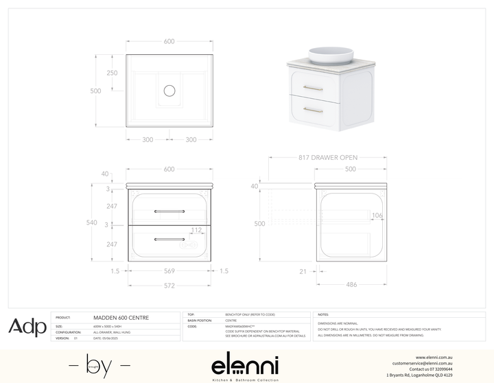 Madden 600 Centre, Elenni specification drawing