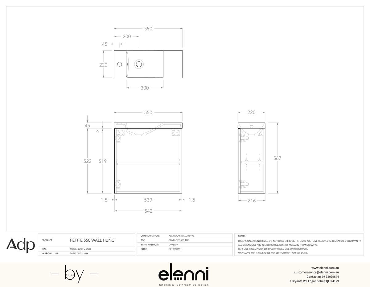 Petite 550 Wall Hung - Elenni specification drawing