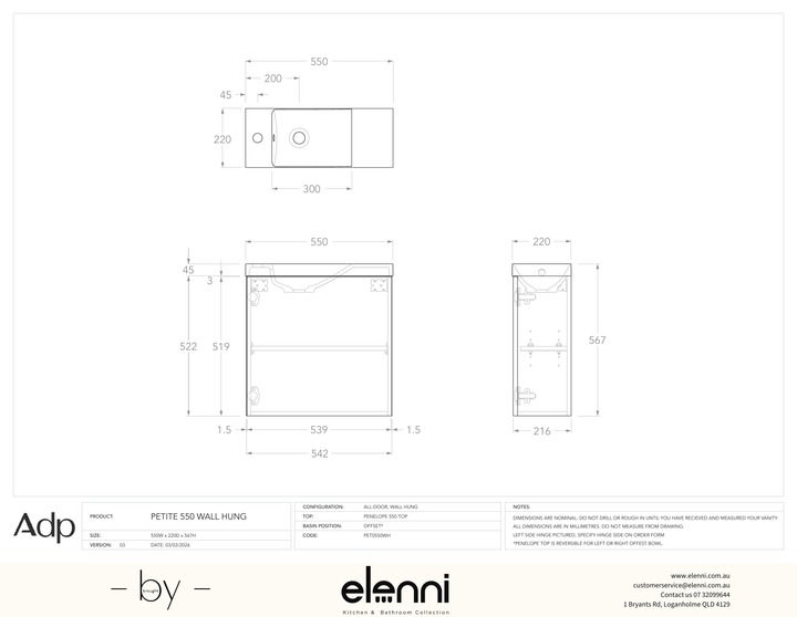 Petite 550 Wall Hung, Elenni specification drawing
