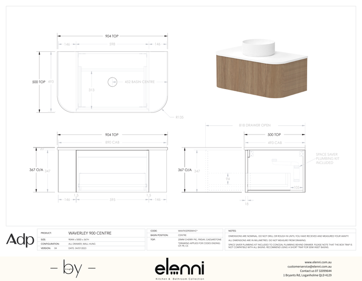 Waverley 900mm Centre, Elenni specification drawing
