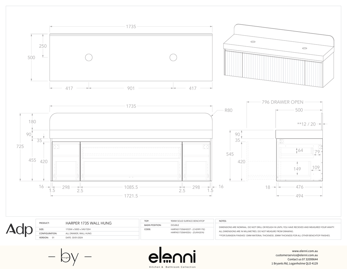 Harper 1735 Wall Hung Double - Elenni specification drawing