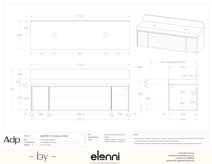 Harper 1735 Wall Hung Double, Elenni specification drawing