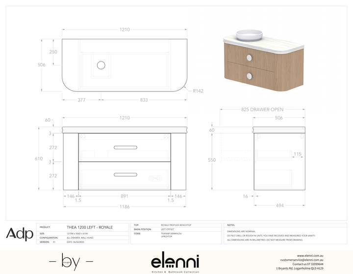 Thea 1200, Royale, Left Offset Bowl, Elenni specification drawing
