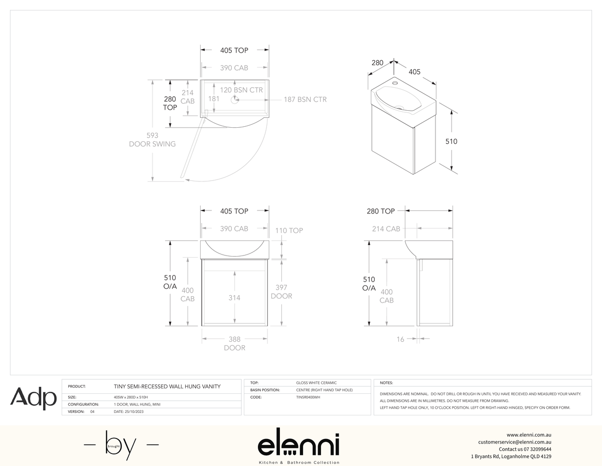Tiny Semi-Recessed Wall Hung - Elenni specification drawing