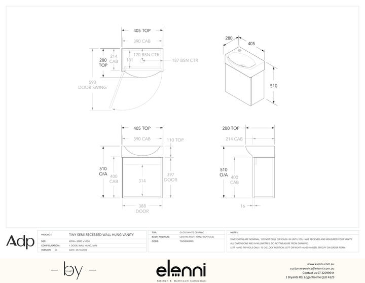 Tiny Semi-Recessed Wall Hung, Elenni specification drawing