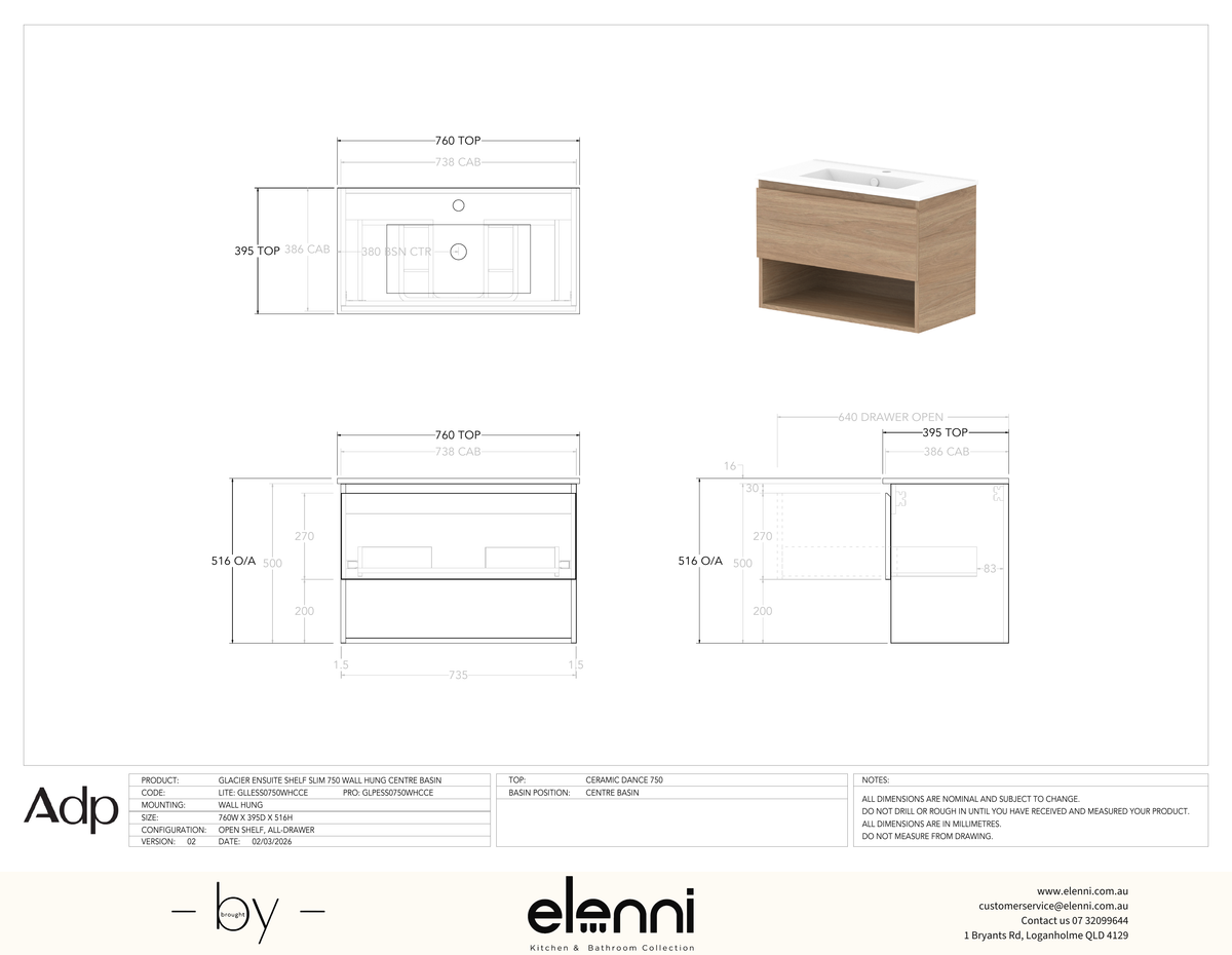 Glacier Ensuite, Shelf 750 Slim WH, Ceramic Centre Bowl - Elenni specification drawing