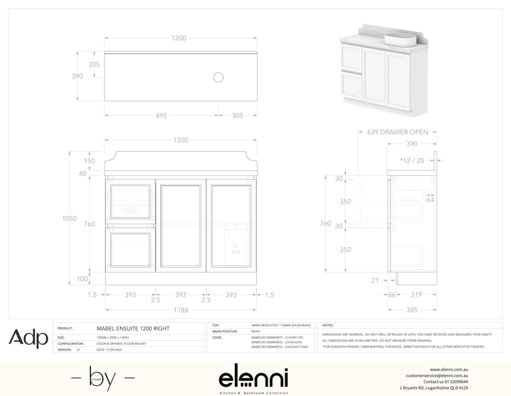 Mabel Ensuite 1200 Floor Mount Right Offset, Elenni specification drawing