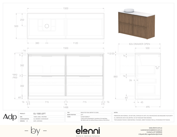 Eli 1500 Floor Mount Left Offset, Elenni specification drawing