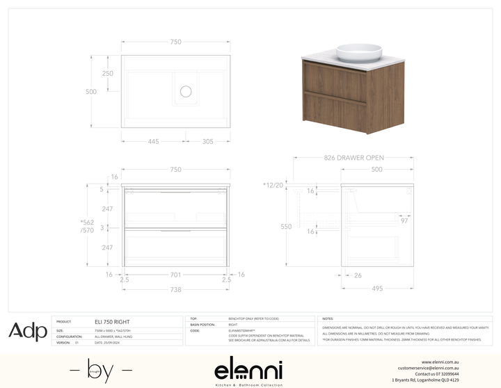 Eli 750 Wall Hung Right Offset, Elenni specification drawing