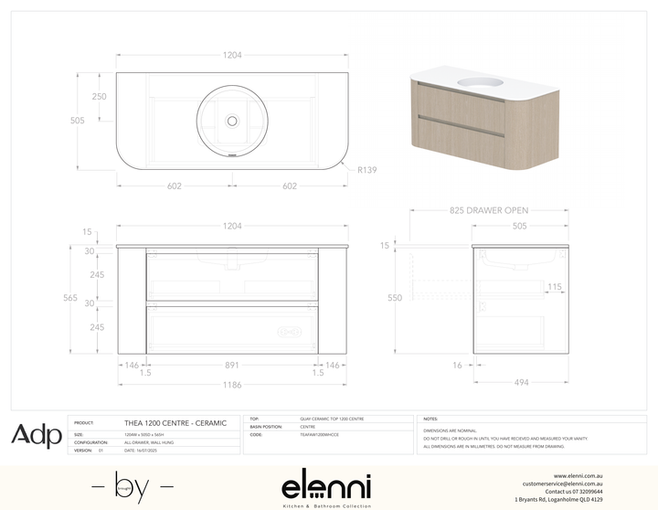 Thea 1200, Ceramic, Centre Bowl, Elenni specification drawing
