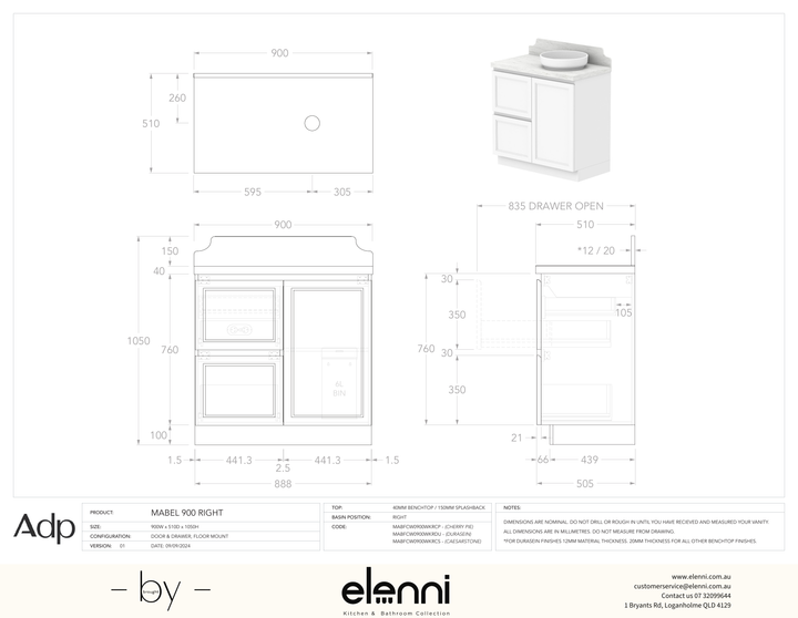 Mabel 900 Floor Mount Right Offset, Elenni specification drawing