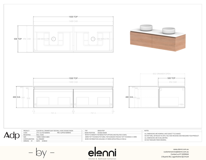 Glacier FD, All Drawer, 1500 Slim WH, Benchtop Double Bowl - Elenni specification drawing