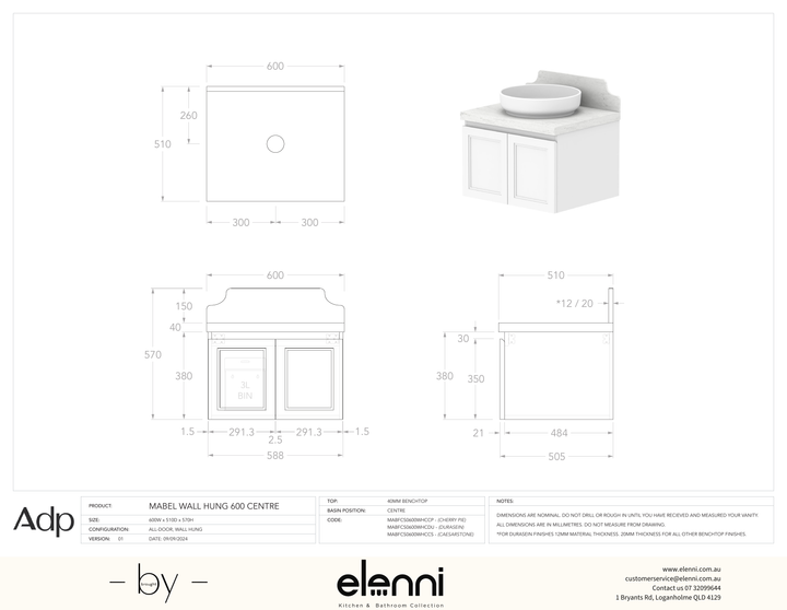 Mabel 600 Wall Hung Centre, Elenni specification drawing