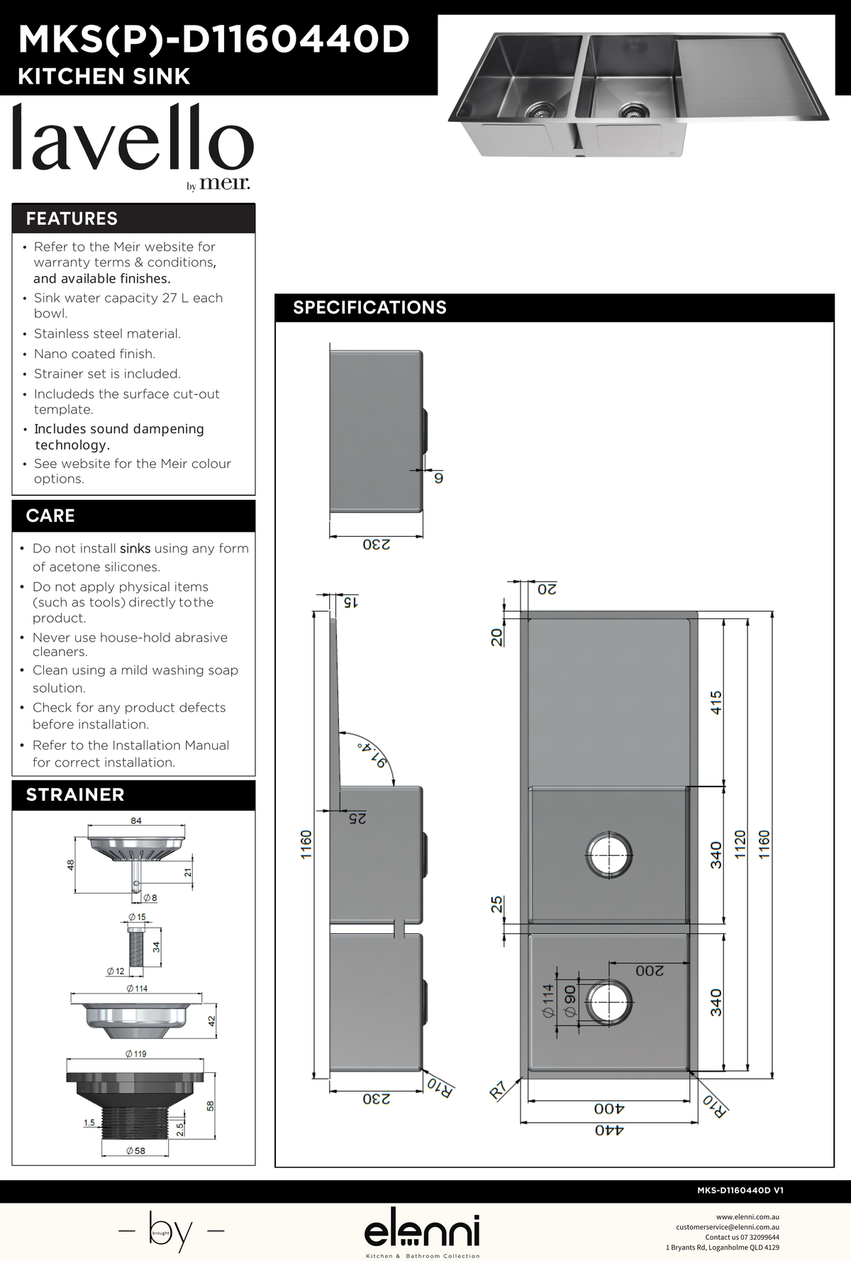 Lavello Kitchen Sink - Double Bowl &amp; Drainboard 1160 x 440 - Elenni specification drawing