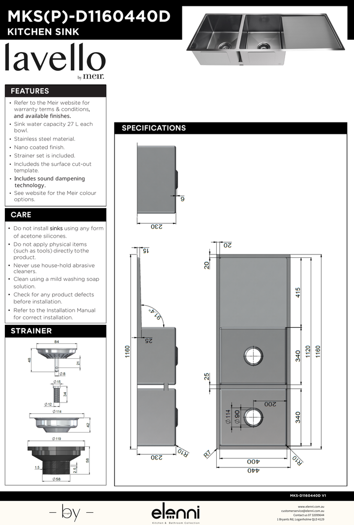 Lavello Kitchen Sink - Double Bowl &amp; Drainboard 1160 x 440 - Elenni specification drawing