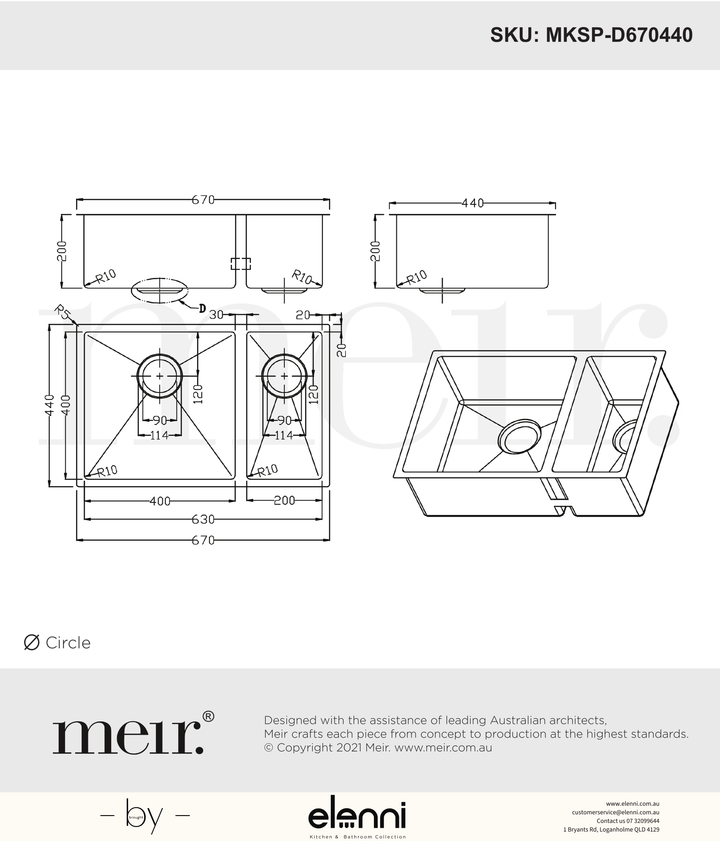 Lavello Kitchen Sink - One &amp; Half Bowl 670 x 440 - Elenni specification drawing