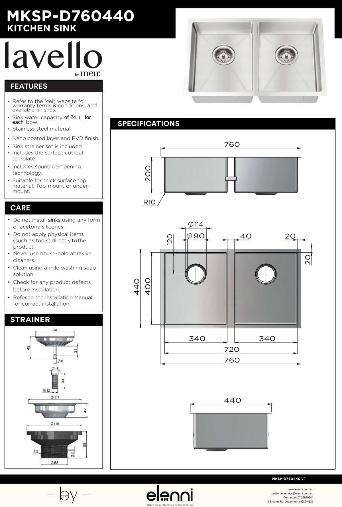 Lavello Kitchen Sink - Double Bowl 760 x 440 - Elenni specification drawing