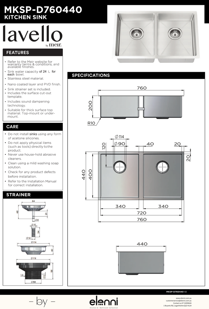 Lavello Kitchen Sink - Double Bowl 760 x 440 - Elenni specification drawing