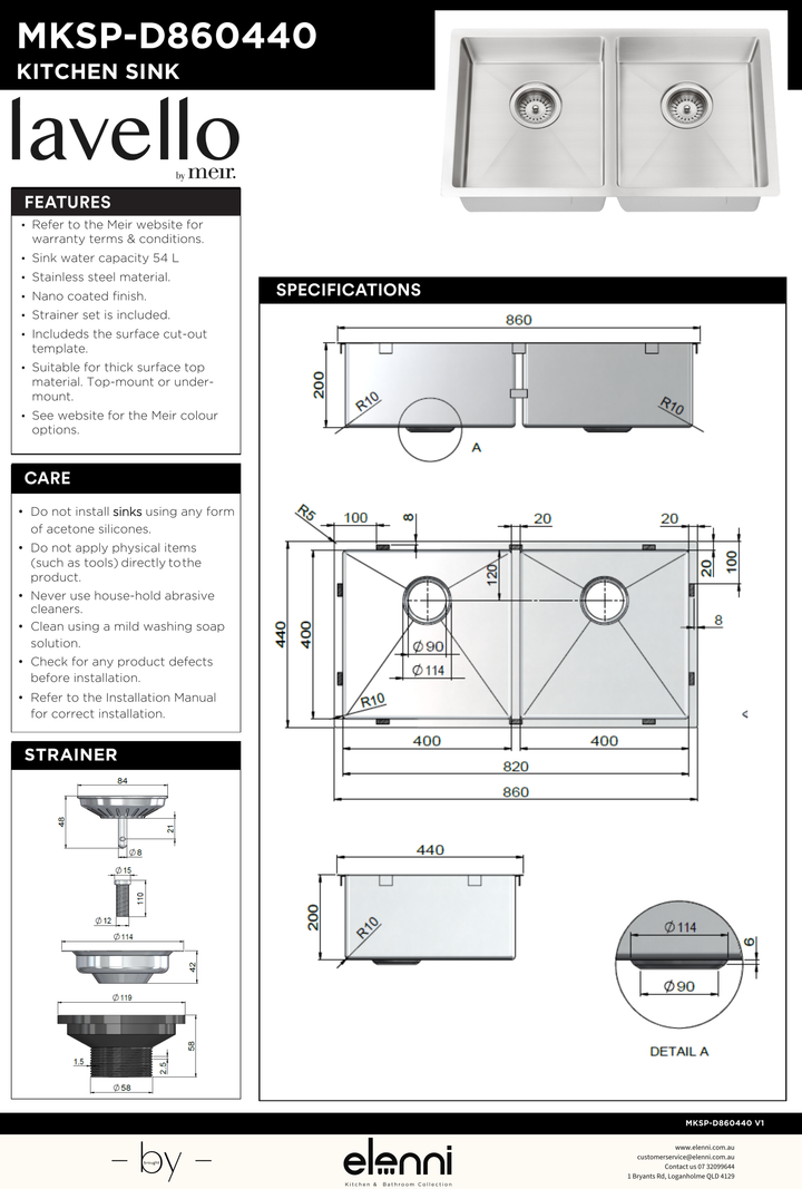 Kitchen Sink - Double Bowl 860 x 440 - Elenni specification drawing