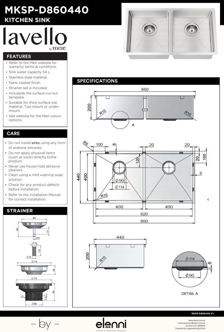 Kitchen Sink - Double Bowl 860 x 440 - Elenni specification drawing