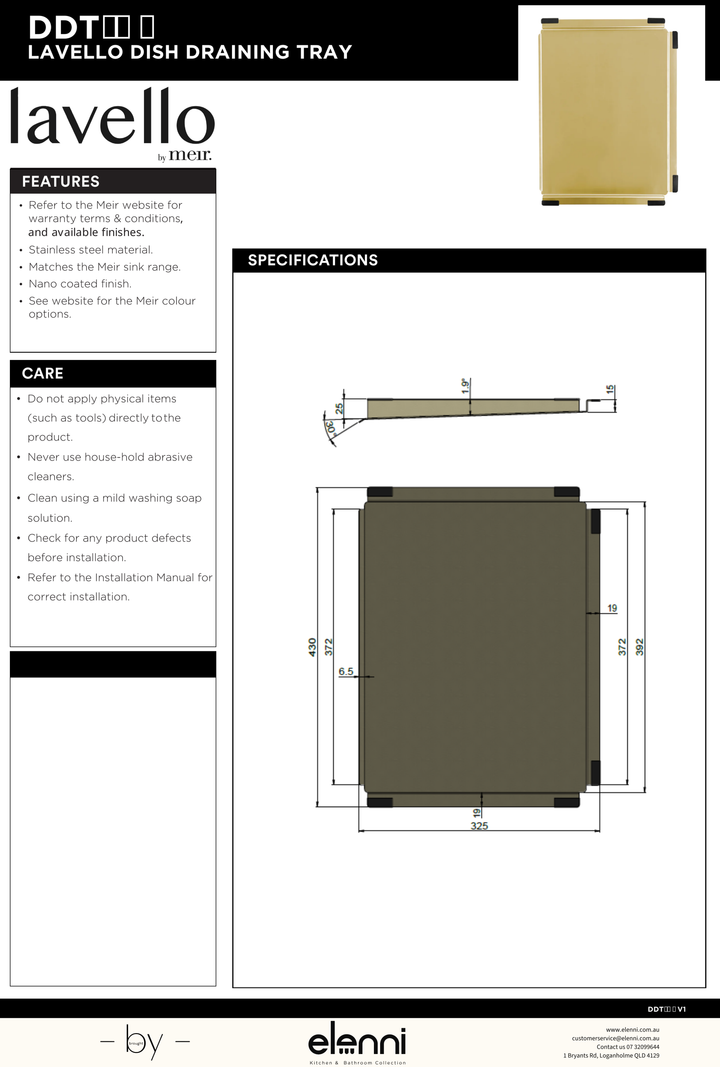 Lavello Dish Draining Tray - Elenni specification drawing