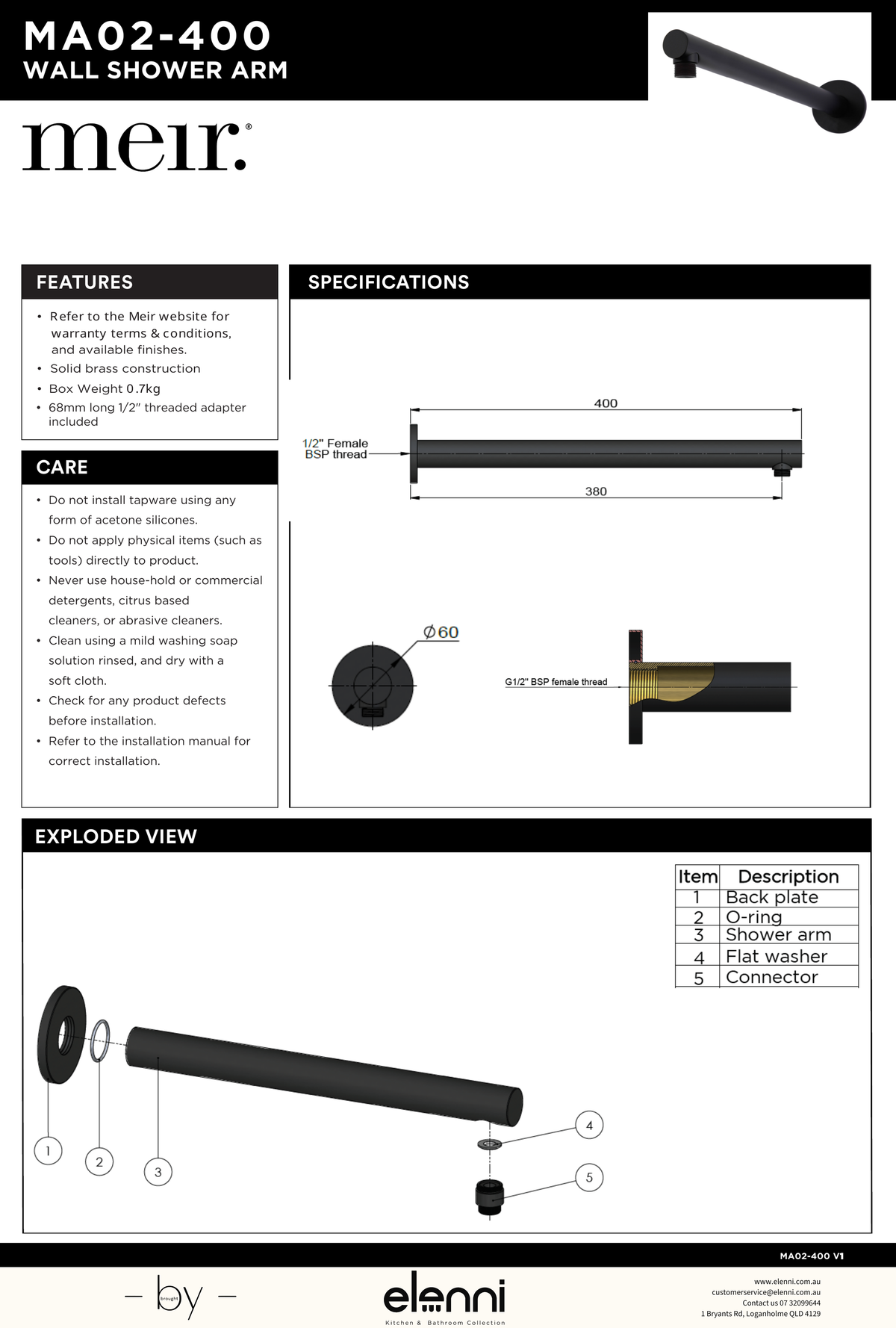 Round Wall Shower Arm 400mm - Elenni specification drawing