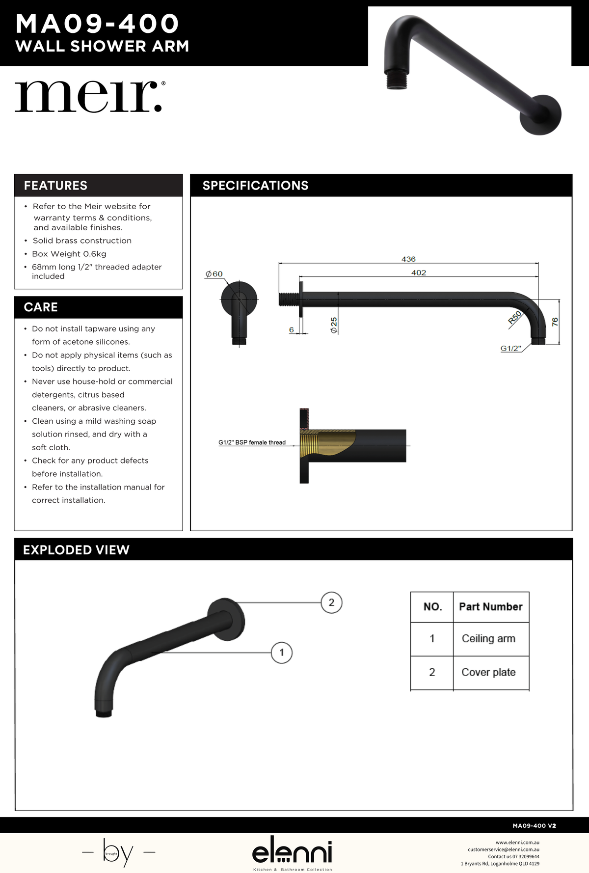 Round Wall Shower Curved Arm 400mm - Elenni specification drawing