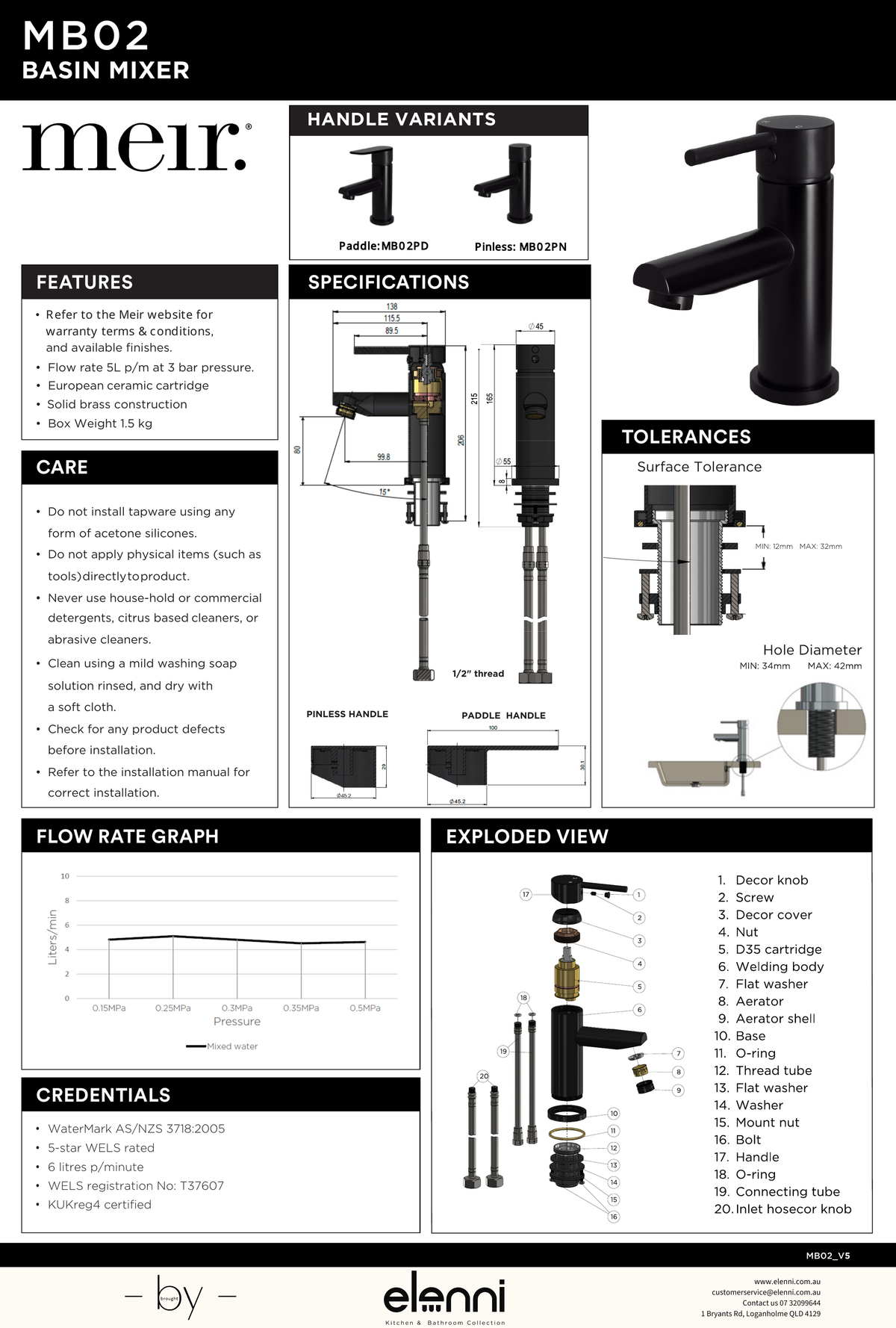 Round Paddle Basin Mixer - Elenni specification drawing