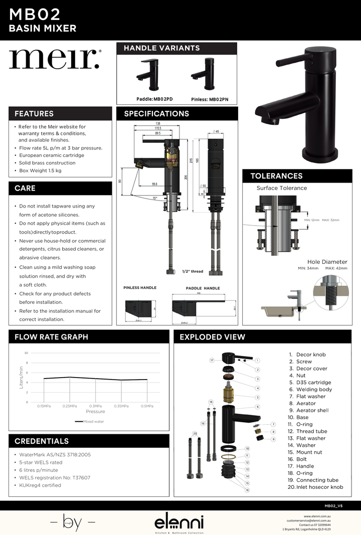 Round Pinless Basin Mixer - Elenni specification drawing