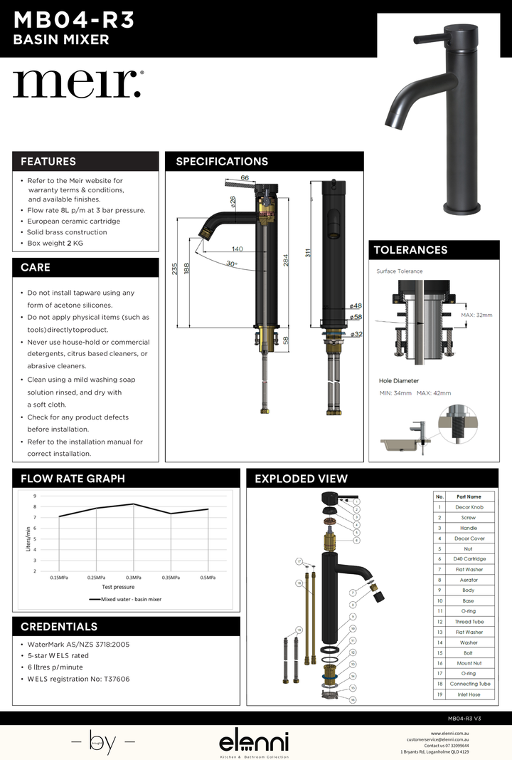 Round Tall Basin Mixer Curved - Elenni specification drawing