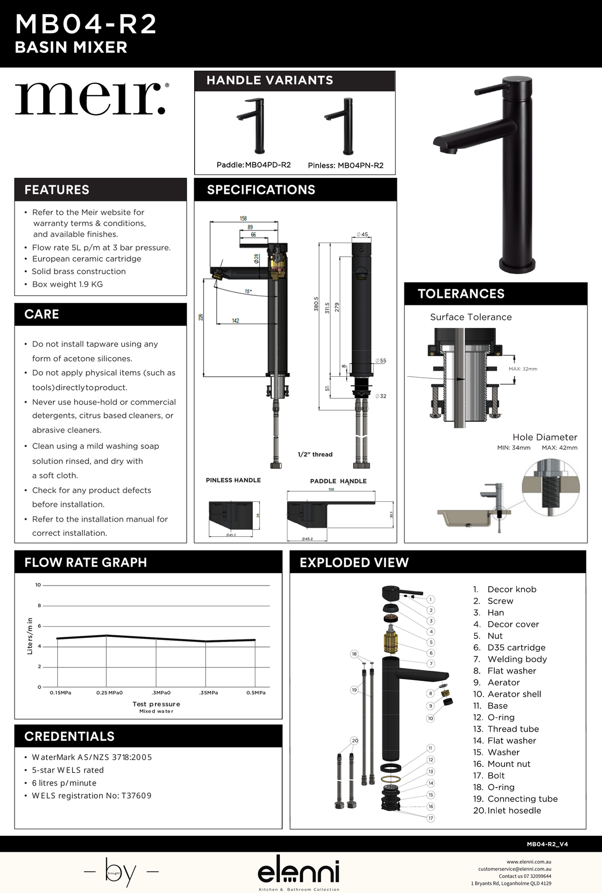 Round Pinless Tall Basin Mixer - Elenni specification drawing