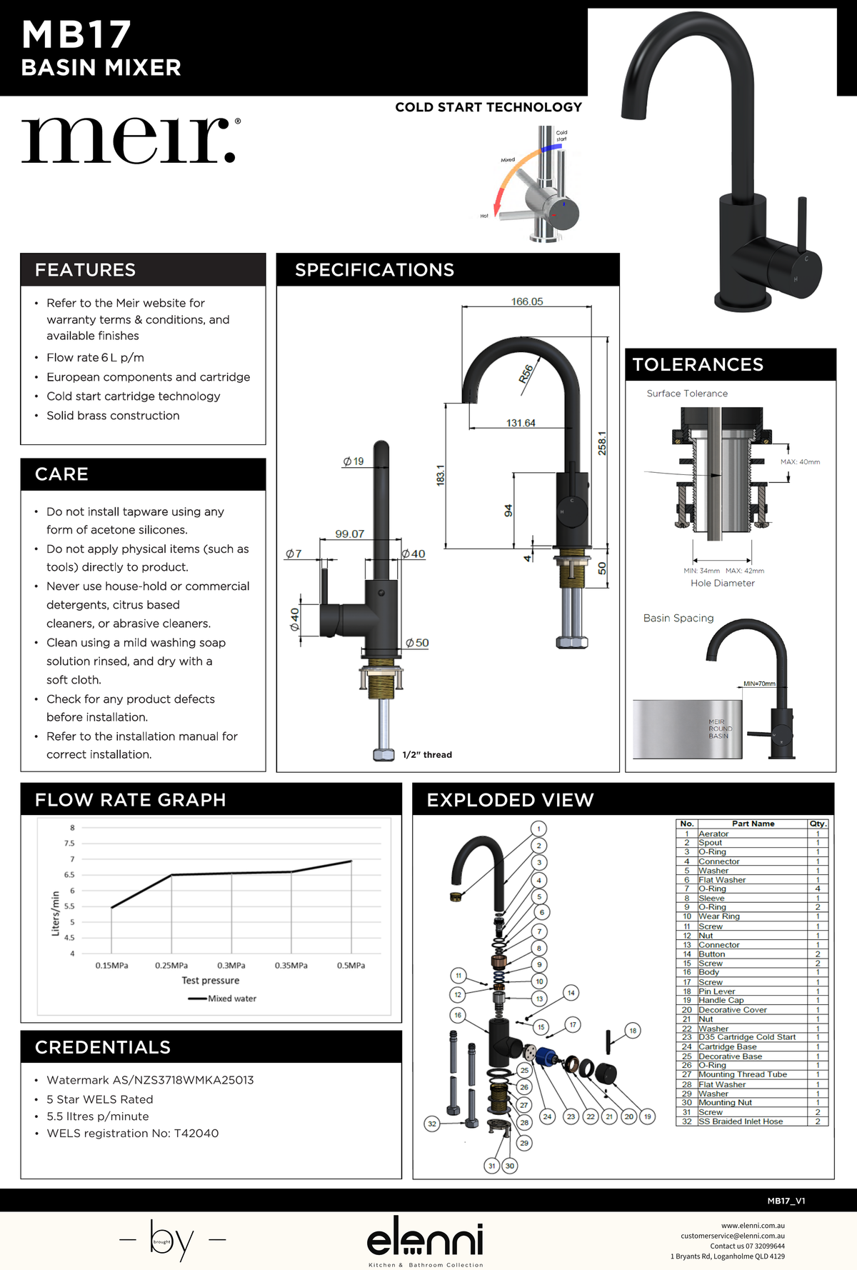 Round Gooseneck Basin Mixer with Cold Start - Elenni specification drawing