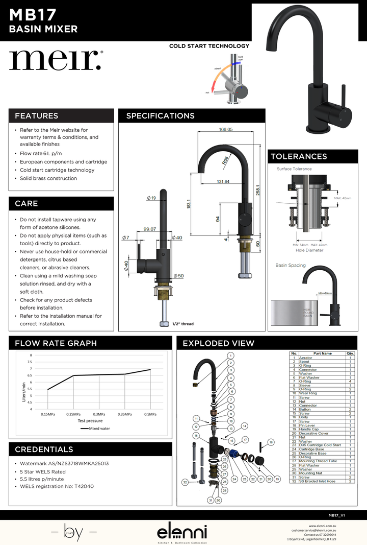 Round Gooseneck Basin Mixer with Cold Start - Elenni specification drawing