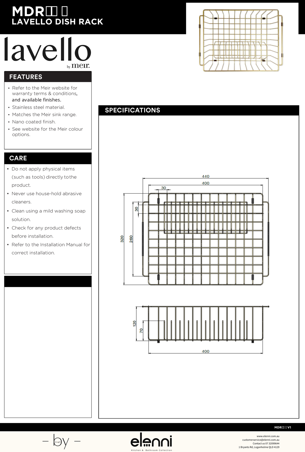 Lavello Dish Rack - Elenni specification drawing