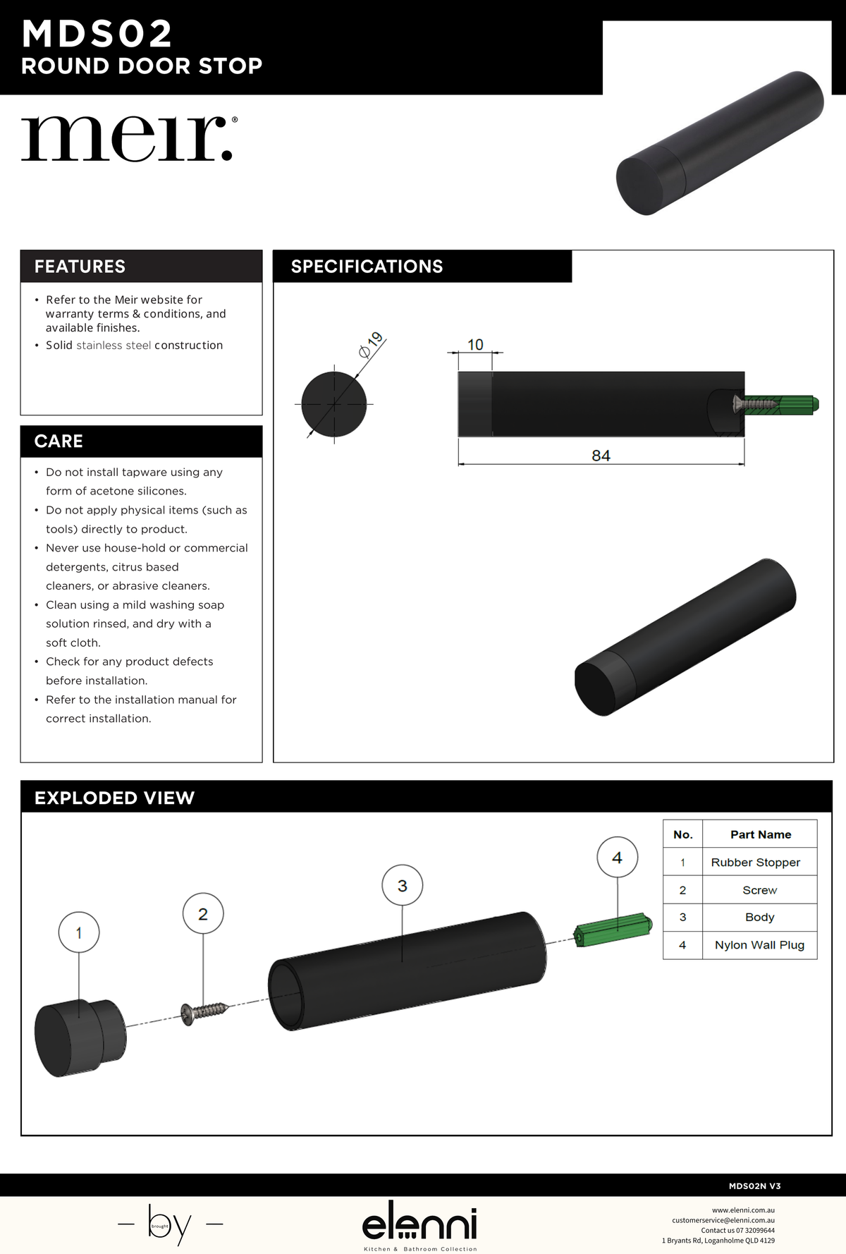 Round Door Stop - Elenni specification drawing