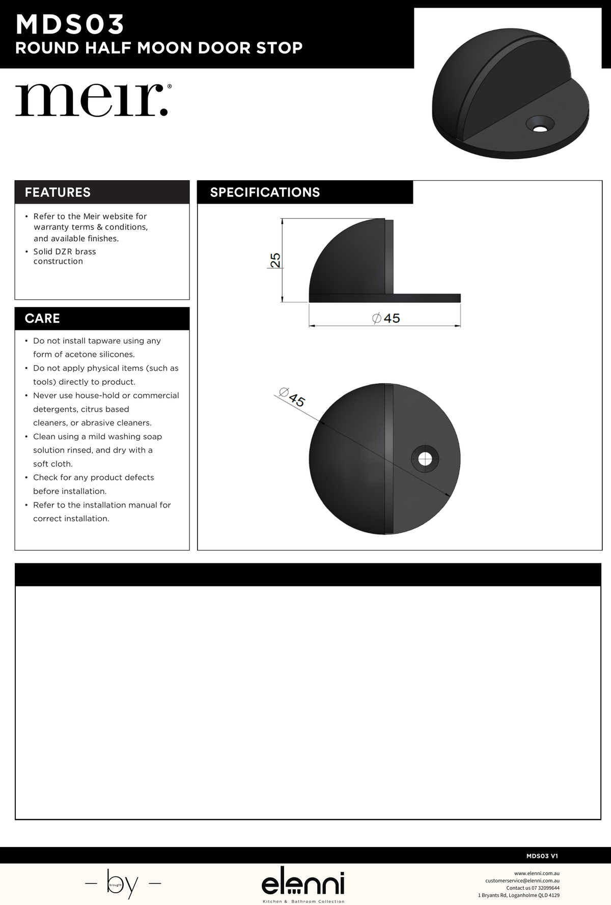 Round Half Moon Door Stop - Elenni specification drawing