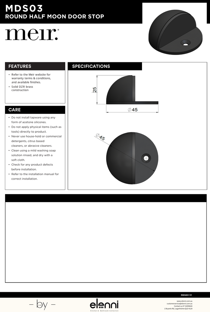 Round Half Moon Door Stop - Elenni specification drawing