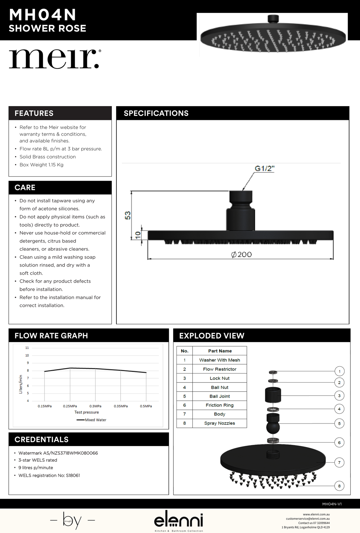 Round Shower Rose 200mm - Elenni specification drawing