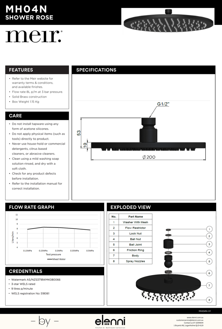 Round Shower Rose 200mm - Elenni specification drawing