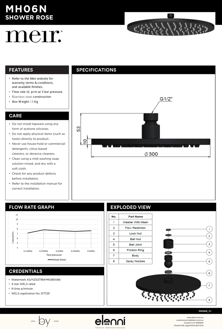 Round Shower Rose 300mm - Elenni specification drawing