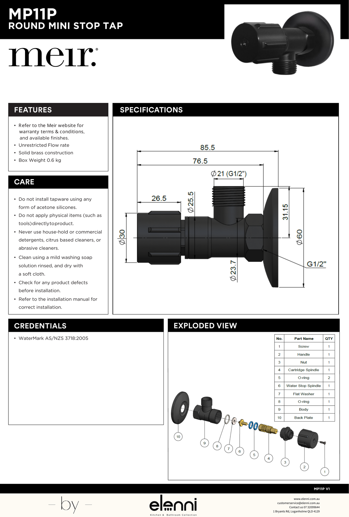 Round Mini Stop Cistern Tap with backplate - Elenni specification drawing