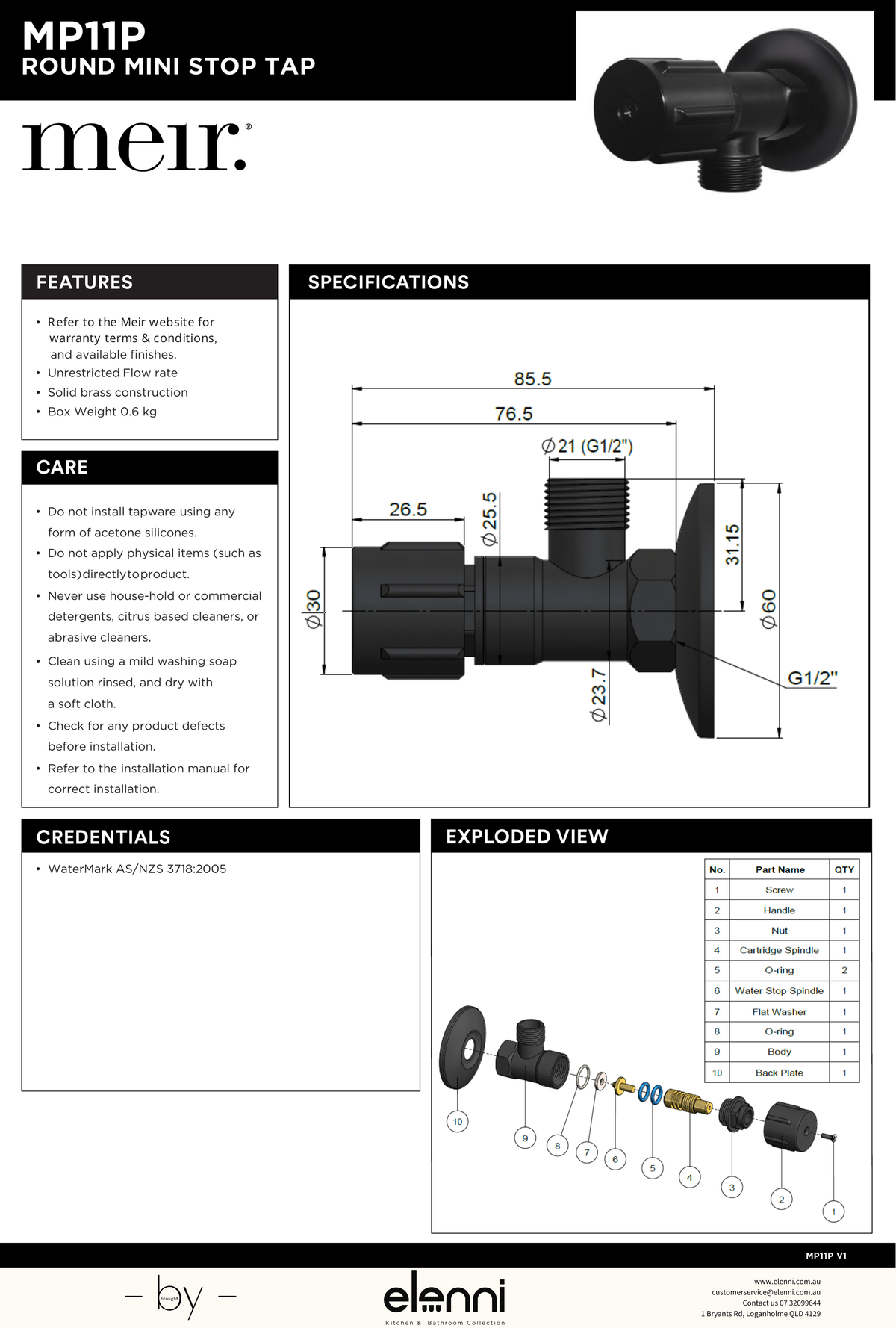 Round Mini Stop Cistern Tap with backplate - Elenni specification drawing