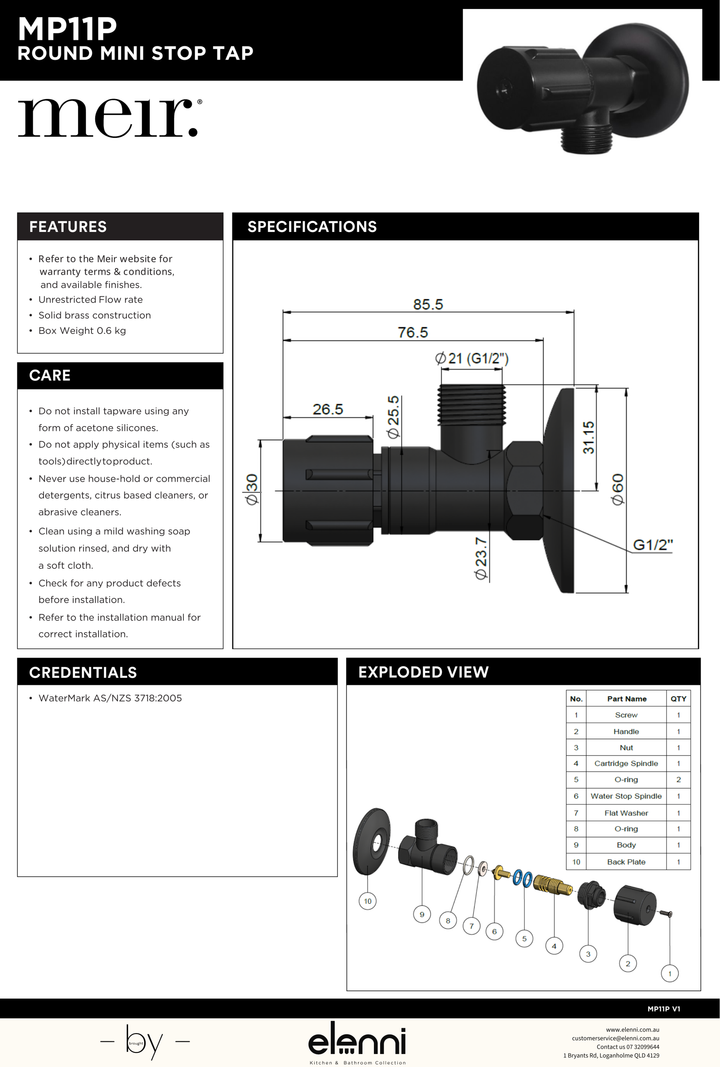 Round Mini Stop Cistern Tap with backplate - Elenni specification drawing